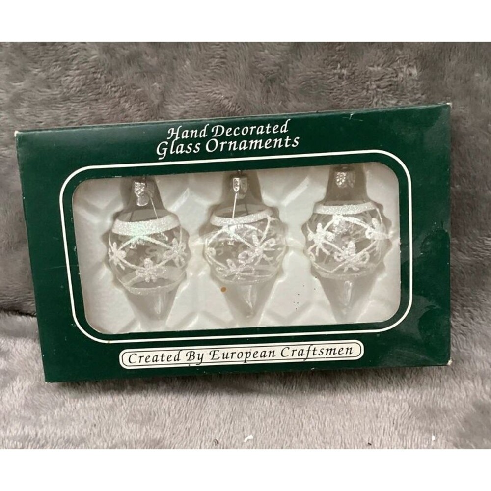 Vintage Hand Decorated Clear Glass Teardrop Ornaments White Glitter Sealed Box